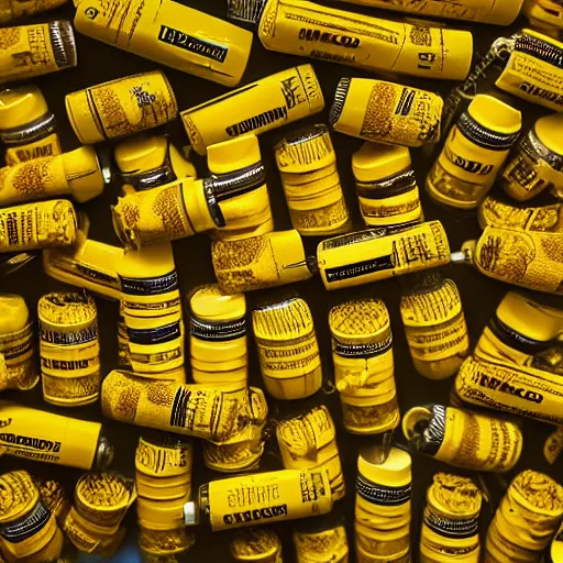 Image similar to realistic photograh 1 0 0 0 0's of yellow colored chapstick tubes in scattered in giant piles, high detail, shaded, backlit, glossy, ultrawide angle