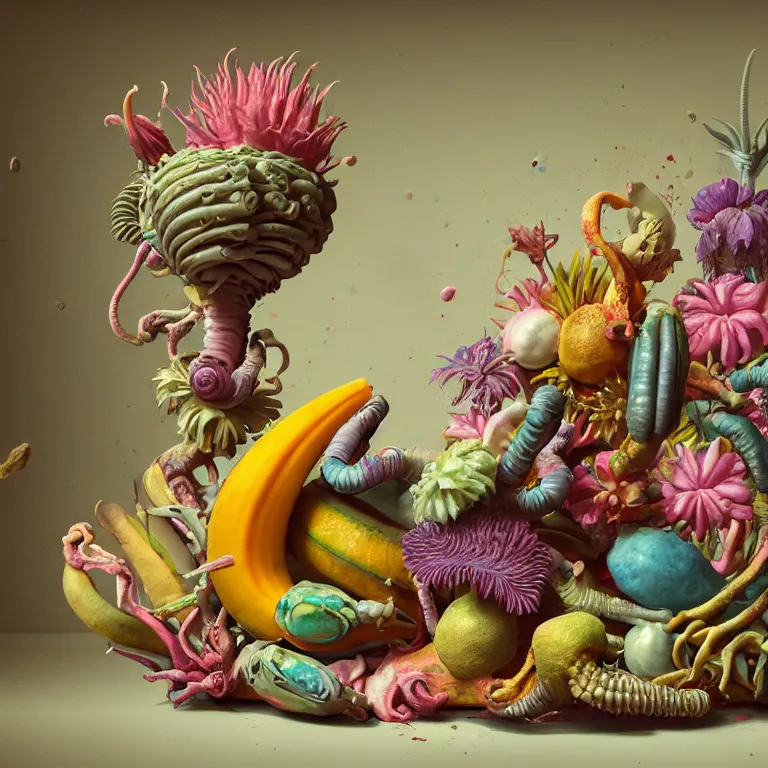 Prompt: still life of surreal alien pastel tropical flowers, rotten moldy colorful mold, dripping pastel paint, surreal alien ribbed tropical fruit, white human spine, baroque painting, beautiful detailed intricate insanely detailed octane render, 8K artistic photography, photorealistic, chiaroscuro, Raphael, Caravaggio