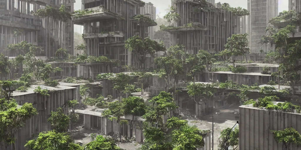 Image similar to An abandoned expansive brutalist city made of concrete:: overgrown by green plants and lit by sunlight:: Beautiful lighting:: highly detailed digital art, trending on Artstation::