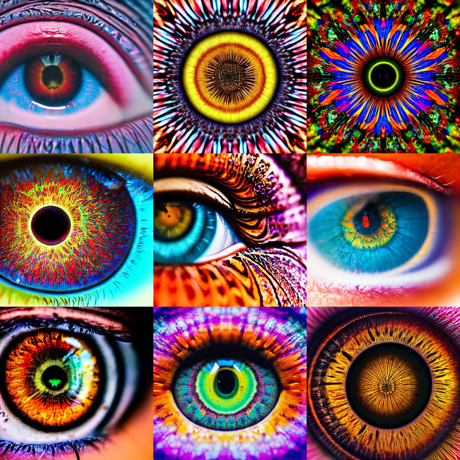 Prompt: high definition studio photography macro shot of a person's eye with intricate colorful patterns within the iris, adobe lightroom, photolab, affinity photo, photodirector 3 6 5