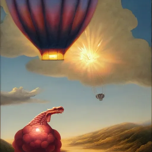 Image similar to oil painting of a hot air balloon bursting through a cloud with a dragon in the background