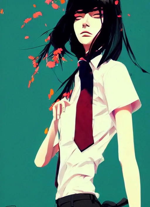 Prompt: a ultradetailed beautiful panting of a stylish woman wearing a shirt with a tie, she has black hair, dancing, by conrad roset, greg rutkowski and makoto shinkai, trending on artstation