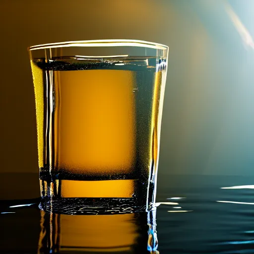 Prompt: sunlight shining through a glass of water with caustics, cinematic light, detailed, photo, 8k