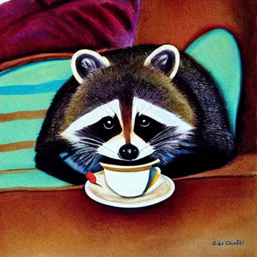 Image similar to raccoon with cup of tea by cozy fireplace, childrens book illustration, in the style of eric carle,