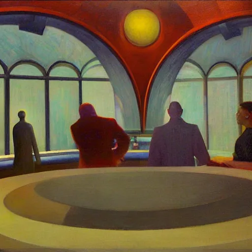 Image similar to three brutalist robotic seers watchers oracles soothsayers inside a dome, pj crook, grant wood, edward hopper, syd mead, chiaroscuro, oil on canvas