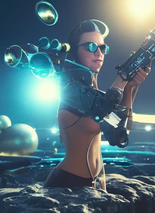 Image similar to a Raypunk depiction of a woman holding a raygun, UFOs in the background, octane render, subsurface scattering, life like, intricate detail, 4K HD