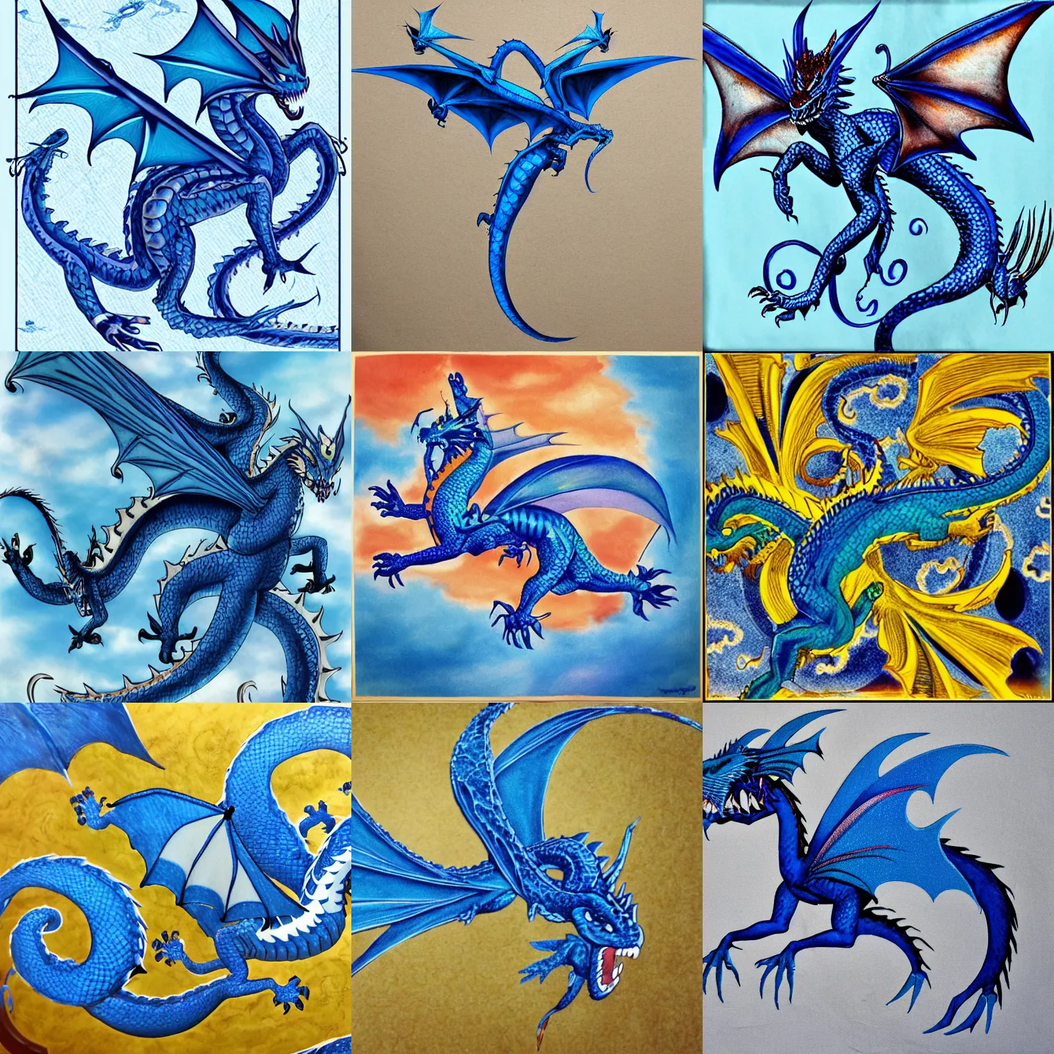 Prompt: Flying blue dragon