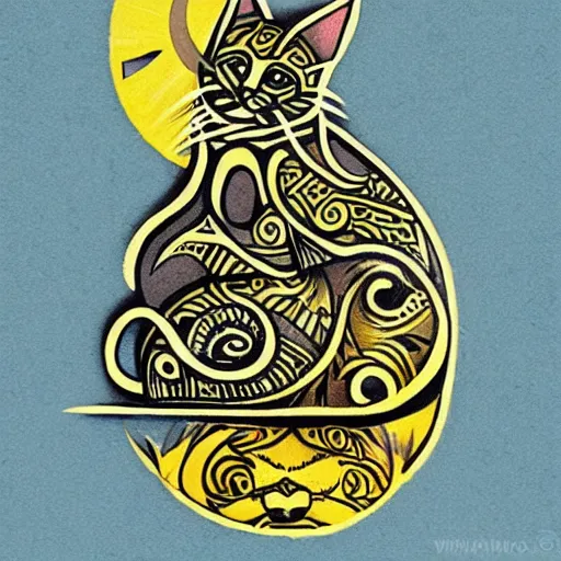 Image similar to tattoo sketch on yellow paperp, polynesian style, cat hugging the sun, maori