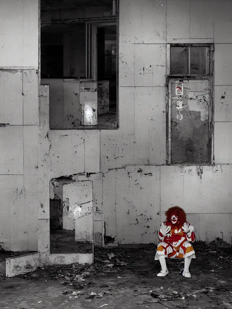 Prompt: a long shot of a crying ronald mcdonald sitting in the corner of an abandoned mcdonald's in 1 9 8 5 during golden hour.