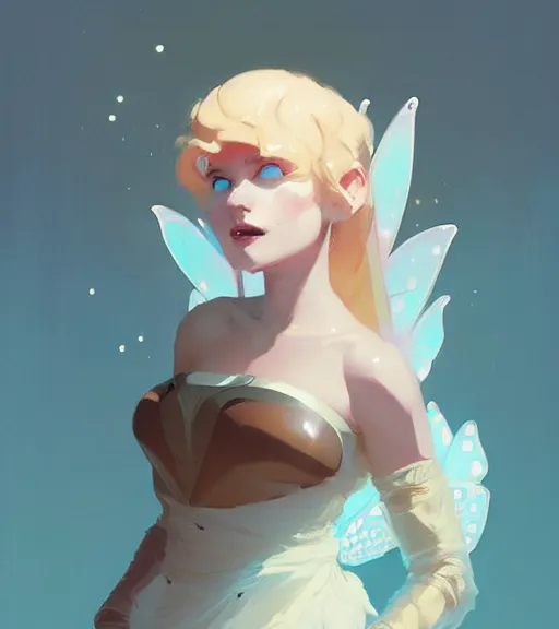 Image similar to portrait of a beautiful female fairy queen in complex and shiny dress by atey ghailan, by greg rutkowski, by greg tocchini, by james gilleard, by joe fenton, by kaethe butcher, dynamic lighting, gradient light blue, brown, blonde cream and white color scheme, grunge aesthetic