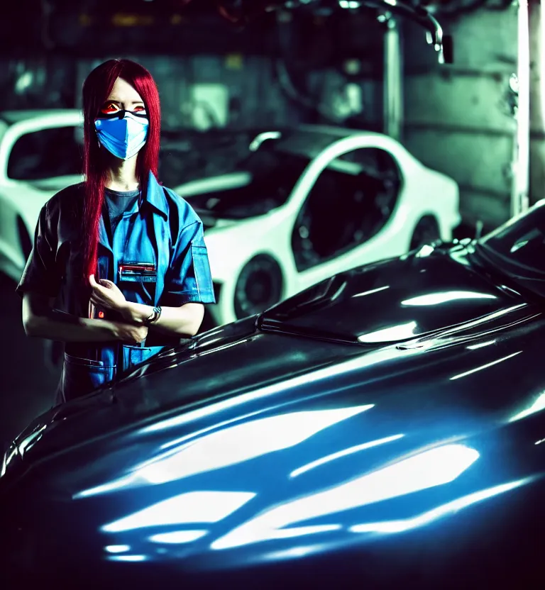 Image similar to a photo close up a female mechanic standing next to cyberpunk car,, wearing mask, cyberpunk garage, cyberpunk gunma prefecture, midnight, photorealistic, cinematic color, studio lighting, highly detailed, bokeh, style by tomino - sama