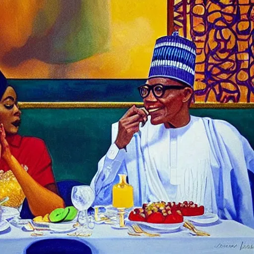 Prompt: president muhammadu buhari eating at a regal buffet facial details beautiful setting elegant event nigerian party minimalist gold ornaments iridescent lighting glamour in the style of edward hooper and henri matisse yinka shonibare oil painting