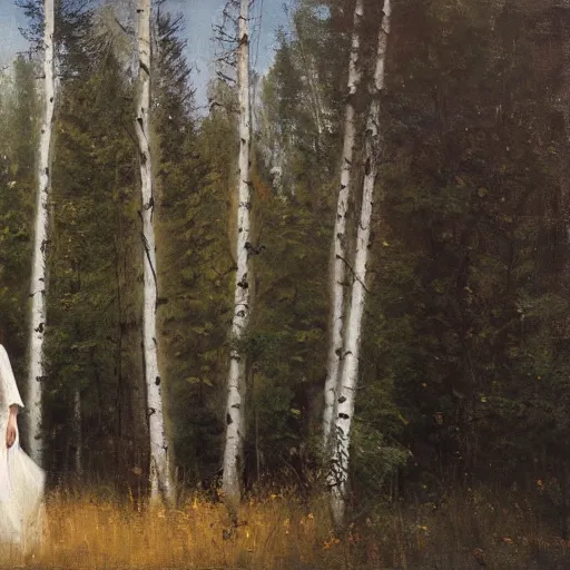 Prompt: woman with dark long hair in white dress, walking through aspen forest, jeremy lipking, joseph todorovitch