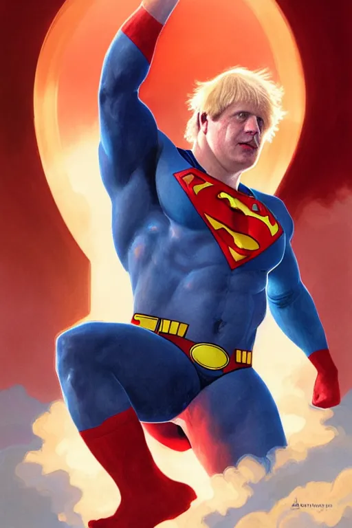 Image similar to Boris Johnson as Superman,realistic portrait, symmetrical, highly detailed, digital painting, artstation, concept art, smooth, sharp focus, illustration, cinematic lighting, art by artgerm and greg rutkowski and alphonse mucha