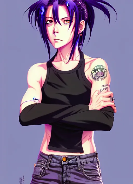 Image similar to revy black lagoon, purple hair, black tank top, jean shorts, tribal sleeve left arm, portrait shinkai makoto, studio ghibli, studio key, hideaki anno sakimichan stanley, artgerm, lau rossdraws james jean marc simonetti pixiv