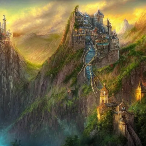 Image similar to very beautiful secret city of the elves gondolin on top of a mountain, highly detailed, digital painting, artstation, matte, sharp focus, impressionnisme, vivid color,