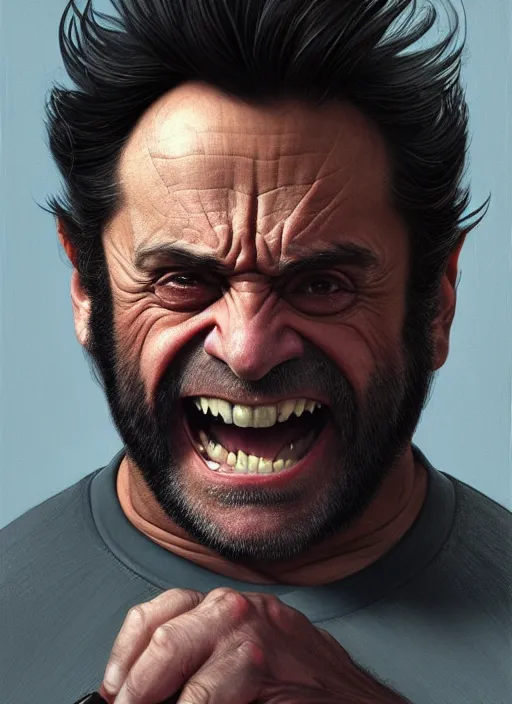 Image similar to danny devito as wolverine, realistic portrait, symmetrical, highly detailed, digital painting, artstation, concept art, smooth, sharp focus, illustration, cinematic lighting, art by artgerm and greg rutkowski and alphonse mucha