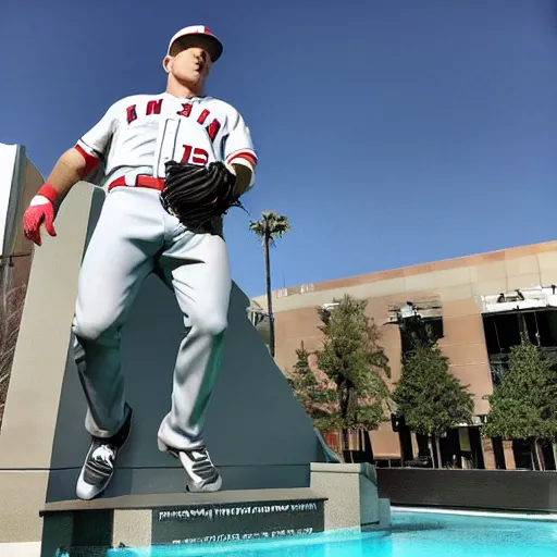 Image similar to “a realistic detailed photo of a guy who is named Mike Trout a baseball player, frozen like a statue, with shiny skin, by a pool, on display”