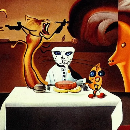 Image similar to anthropomorphic cats chef competing at the Masterchef TV show, by Salvador Dali