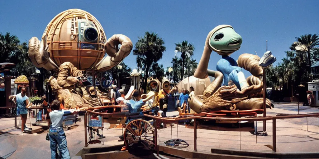 Prompt: 1990s photo of the E.T. ride at Universal Studios in Orlando, Florida, cinematic, UHD