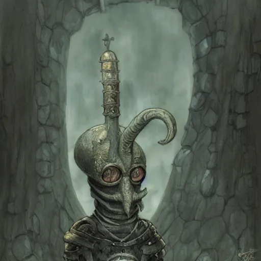 Prompt: squidward as a dark souls boss by santiago caruso