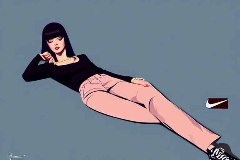 Image similar to a ultradetailed painting of a stylish woman laying on the ground, she is wearing nike air force 1 sneakers, by ilya kuvshinov, trending on artstation