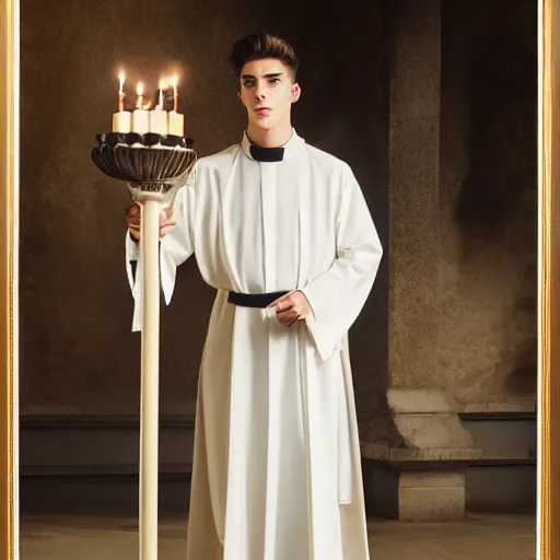 Image similar to attractive kai havertz wearing priest outfit holding large detailed ivory candlestick. natural lighting by ruan jia, portrait