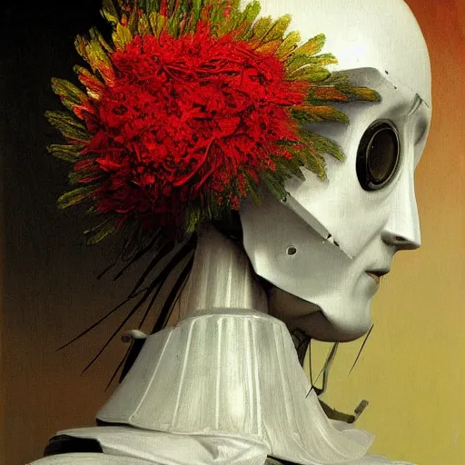 Image similar to a painting by thomas cole of a white robot head with flowers growing out, highly detailed, color bleeding, pixel sorting, plain black background, studio lighting, high contrast, bold composition, abstract paint color splotches