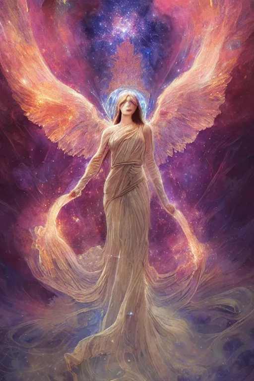 Prompt: breathtaking detailed soft painting of angel in a nebulae galaxy in flames with intricate ribbons of light, art by kelogsloops, anato finnstark and greg rutkowski, gauze dress draped of fireflies and an art nouveau golden cathedral halo, rembrandt style, elegant, highly detailed, artstation, concept art, matte, sharp focus,