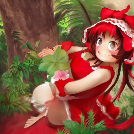 Image similar to a imaginefx artstation of reimu in the jungle wearing bonnet