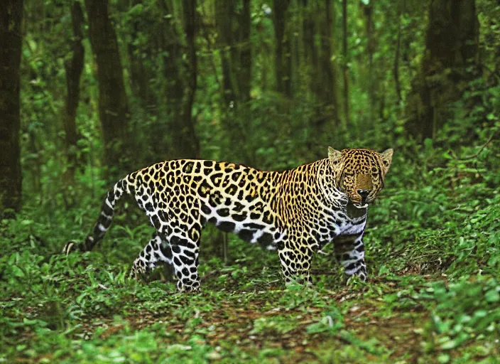 Image similar to jaguar the animal in the forest but it has the body of a jaguar car, professional natural geographic jungle photo