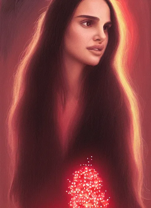 Prompt: portrait of teenage natalie portman, long haircut, flowing dark hair, white shirt, red tie, smiling kindly, forest at background, 1 9 8 0 s, intricate, elegant, glowing lights, highly detailed, digital painting, artstation, concept art, smooth, sharp focus, illustration, art by wlop, mars ravelo and greg rutkowski