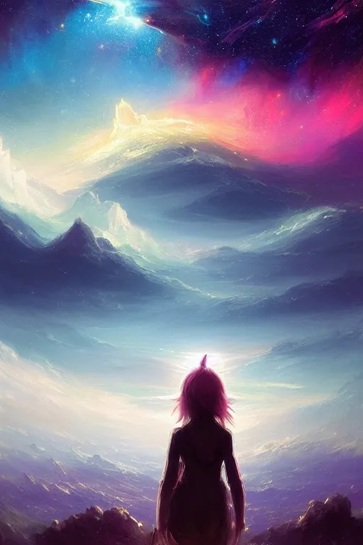 Image similar to A beautiful illustration of a >a colorful nebula kitten galaxy colored Ecru, art by J.M.W. Turner< in the distance landscape surrounded by a lake, hills, blue sky with big clouds by greg rutkowski,borisut chamnan, makoto shinkai and thomas cole, graphic art, anime culture,featured on behance, digital art wallpapers