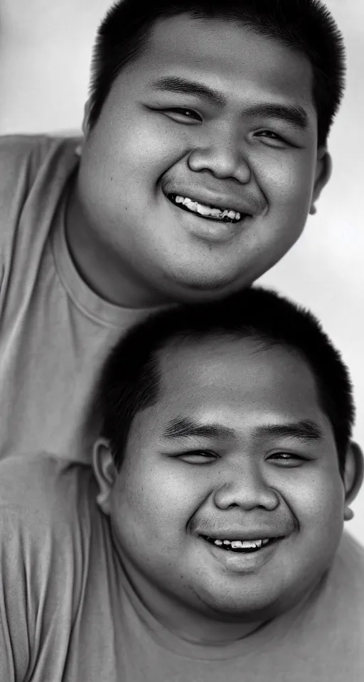 Prompt: close up photograph of just one single fat filipino teenage man smiling with crooked teeth, a curly perm, peach fuzz mustache, small studded earings, 4 k, photorealistic, high detail by yousuf karsh