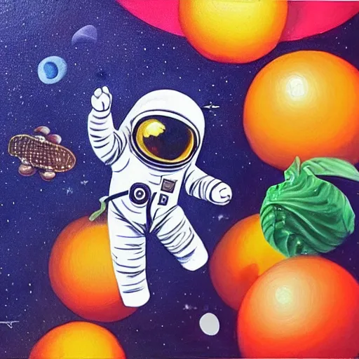 Image similar to an astronaut floating in space, fruits are floating around him, oil painting