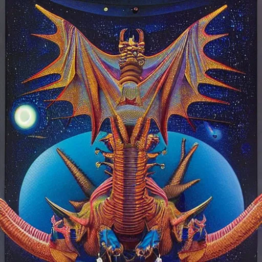 Prompt: composed by howard arkley, by beeple, by jean auguste dominique ingres. a body art of a dragon in space. the dragon is in the foreground with its mouth open rows of sharp teeth. coiled & ready to strike, its tail is wrapped around a star in the background. background is full of stars & galaxies.