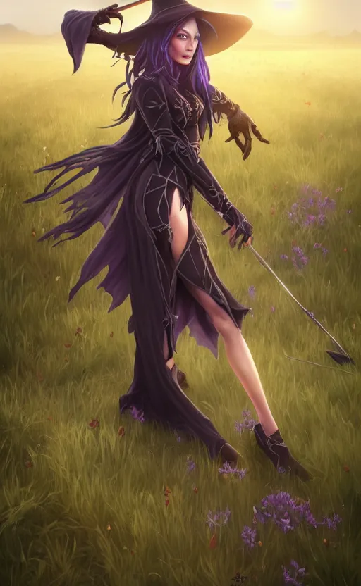 Image similar to medium shot of dark elf witch in field, sunny, highly detailed, d & d, fantasy, highly detailed, digital painting, trending on artstation, concept art, sharp focus, illustration, global illumination, ray tracing, realistic shaded, art by artgerm and greg rutkowski and fuji choko and viktoria gavrilenko and hoang lap