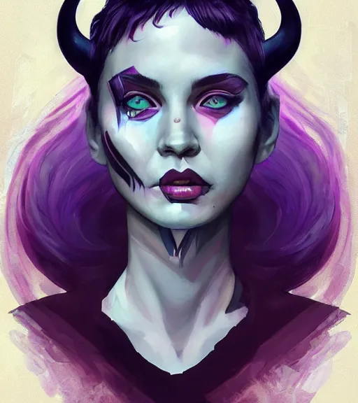 Prompt: portrait of a young beautiful female with demon horns, short blue-hair purple-skin artwork by Sandra Chevrier, metaverse, artstation