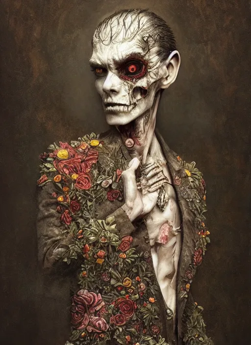 Image similar to a beautifully rendered portrait of an upright and fed up intricately hand - carved zombie wearing a floral embroidered blazer, by gerald brim and tom bagshaw and beksinski, trending on artstation, 8 k, full subject in frame, upright