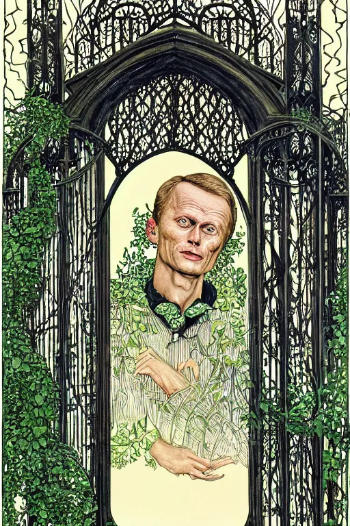 Prompt: realistic portrait of richard widmark in the center of an ornate gothic gate with ivy, detailed art by kay nielsen and walter crane, illustration style, watercolor