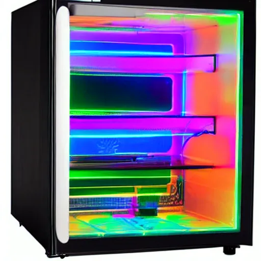 Image similar to gaming refrigerator with colourful RGB lights,