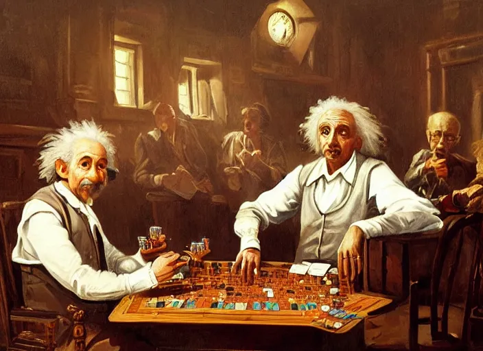 Image similar to baroque painting albert einstein with isaac newton with stephen hawkins playing poker in an old west saloon, intricate, highly detailed, centered, digital painting, artstation, concept art, smooth, sharp focus, illustration, art inspired by james gurney and greg rutkowski