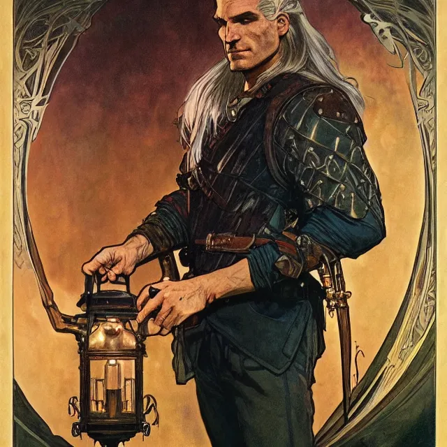 Prompt: an aesthetic! a detailed portrait of geralt of rivia, holding a lantern by frank frazetta and alphonse mucha, oil on canvas, art nouveau dungeons and dragons fantasy art, hd, god rays, ray tracing, crisp contour lines, huhd