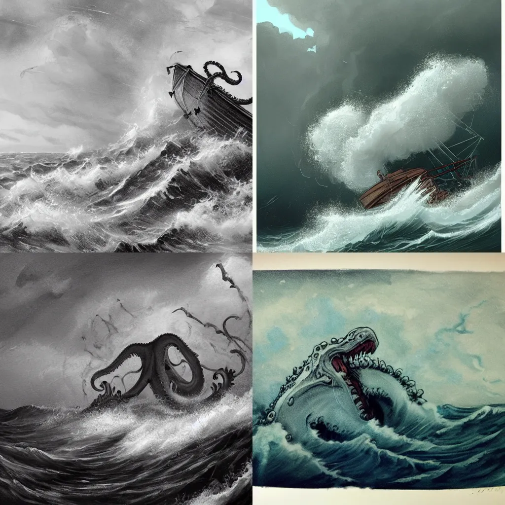Prompt: in the style of Abigail Larson, kraken attacking a boat, crew panicking, rough waters, overcast, large waves, stormy seas