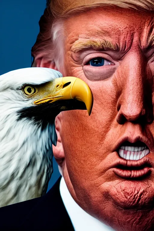Prompt: Close-up portrait of Donald Trump with an American bald eagle on his head, octane, dramatic lighting, editorial photo, 35mm, very detailed