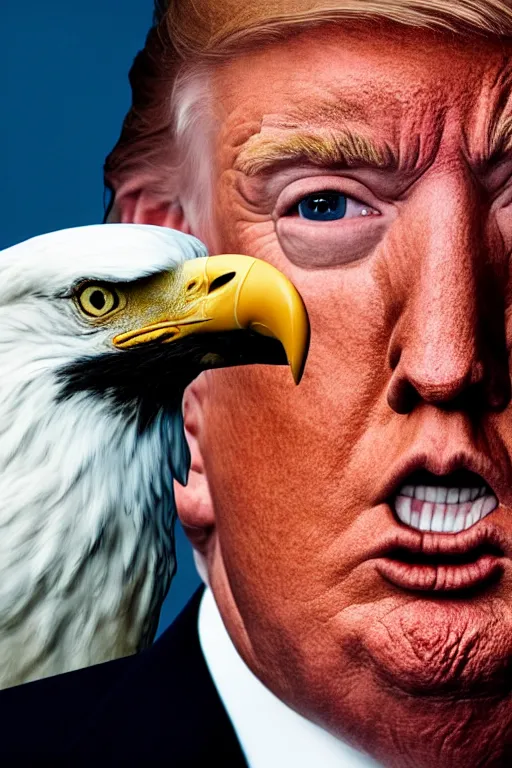 Image similar to Close-up portrait of Donald Trump with an American bald eagle on his head, octane, dramatic lighting, editorial photo, 35mm, very detailed