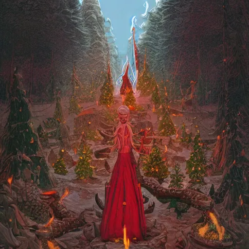 Image similar to illustrated portrait vogue designer Santa Claus Sacrificing the Elves to a Volcano God Altar made of pinecones and fire kenny scharf heinrich lefler giorgio de chirico marc simonetti greg rutkowski simon stalenhag anton semenov