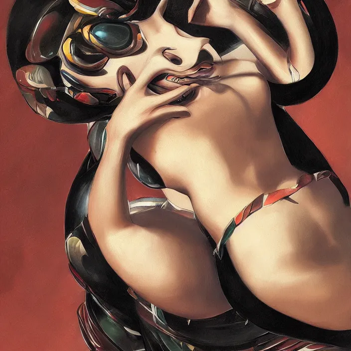 Image similar to slick and aerodynamic hypergirl of the orient, molluscoid fashion, hd, concept art, detailed, digital painting, by caravaggio, in the style of the italian futurists