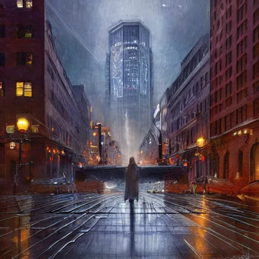 Image similar to muted color ultra realistic painting of 1 9 2 5 boston downtown at night in doctor strange's mirror dimension, dark, brooding, night, atmospheric, horror, cosmic, ultra - realistic, smooth, highly detailed in the style of clyde caldwell