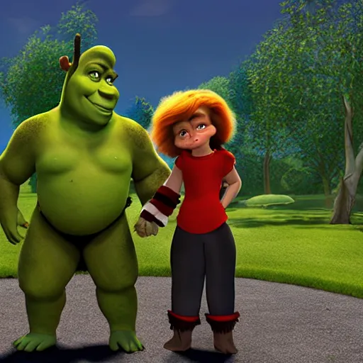 Image similar to a photo of shrek and shadow the hedgehog holding hands in a park